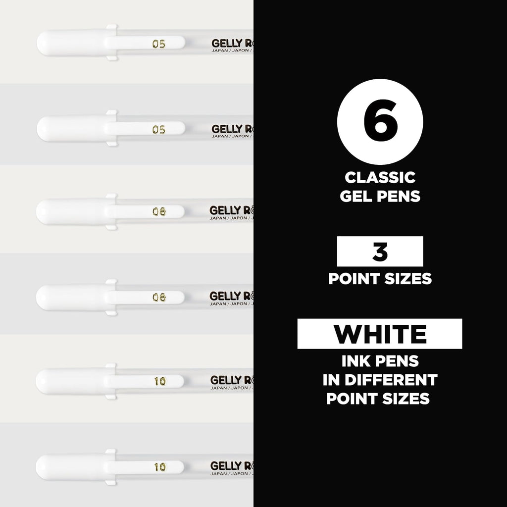Sakura Gelly Roll Gel Pens, White, Assorted 05/08/10 Tip - 6 Pack