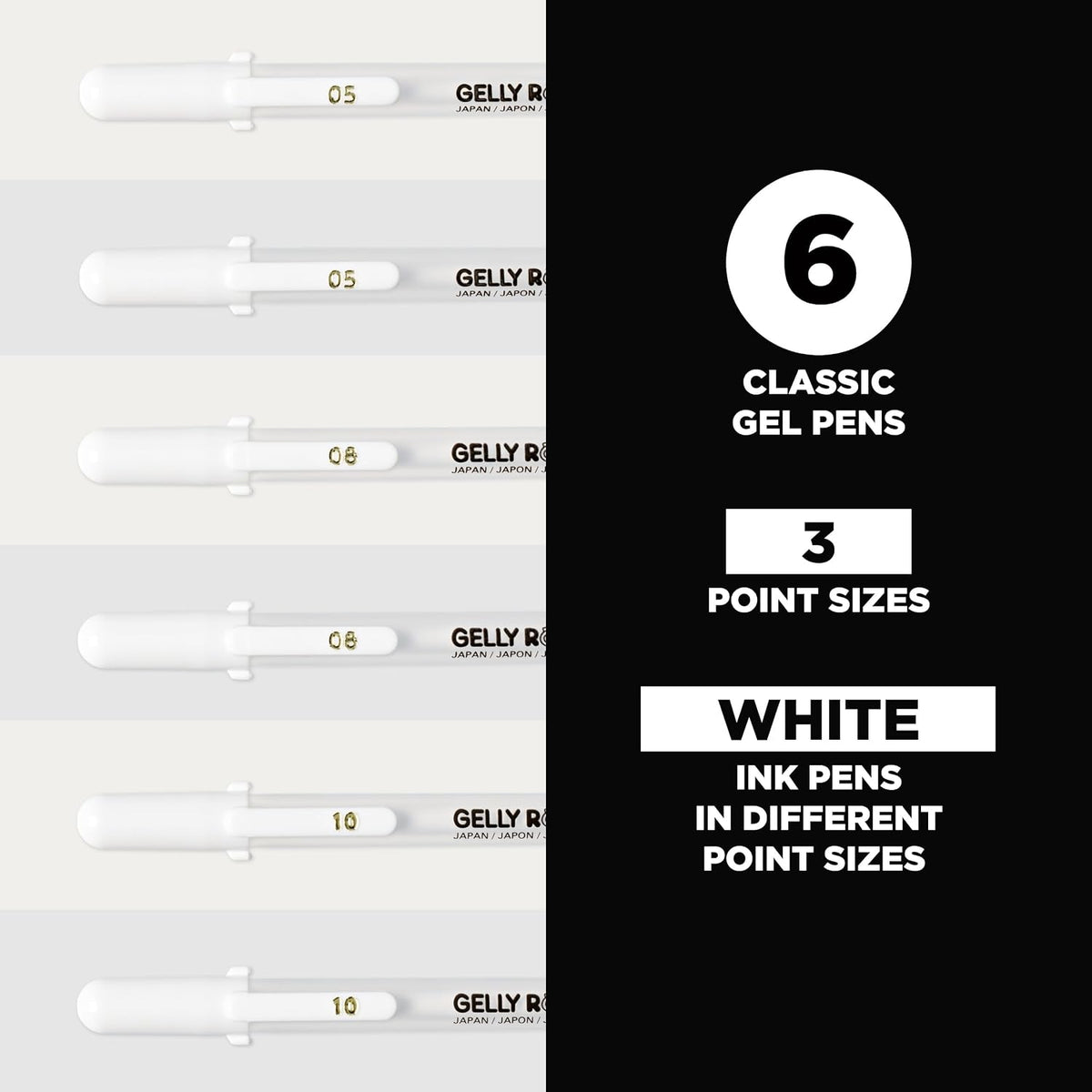 Sakura Gelly Roll Gel Pens, White, Assorted 05/08/10 Tip - 6 Pack