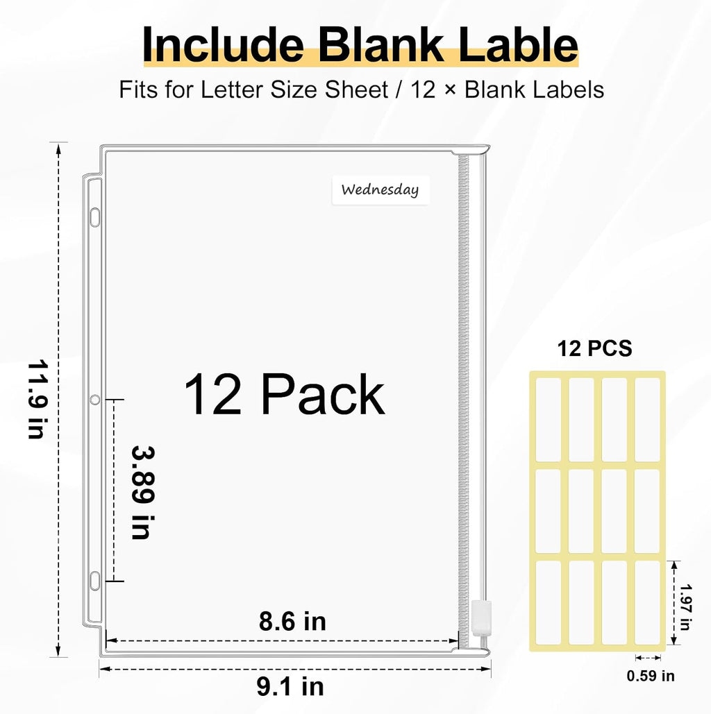 KTRIO 12 Pack Binder Pockets, 8.5 x 11 Zipper Pouches for 3 Ring Binders