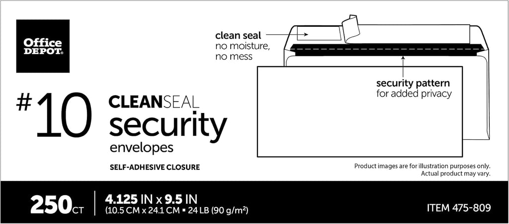 Office Depot Clean Seal(TM) Security Envelopes, #10 (4 1/8in. x 9 1/2in.), White