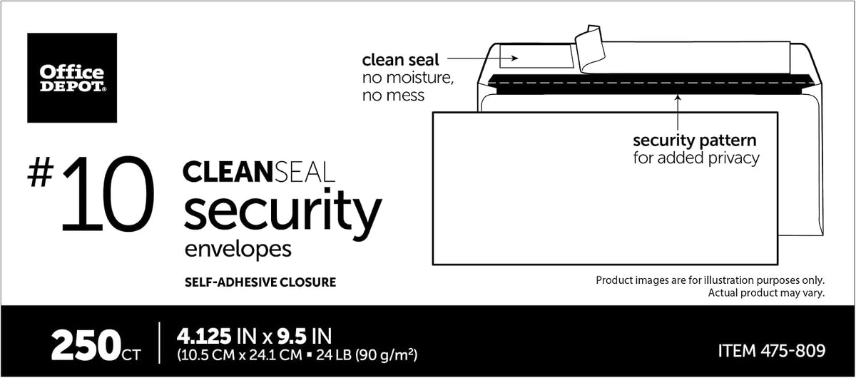 Office Depot Clean Seal(TM) Security Envelopes, #10 (4 1/8in. x 9 1/2in.), White