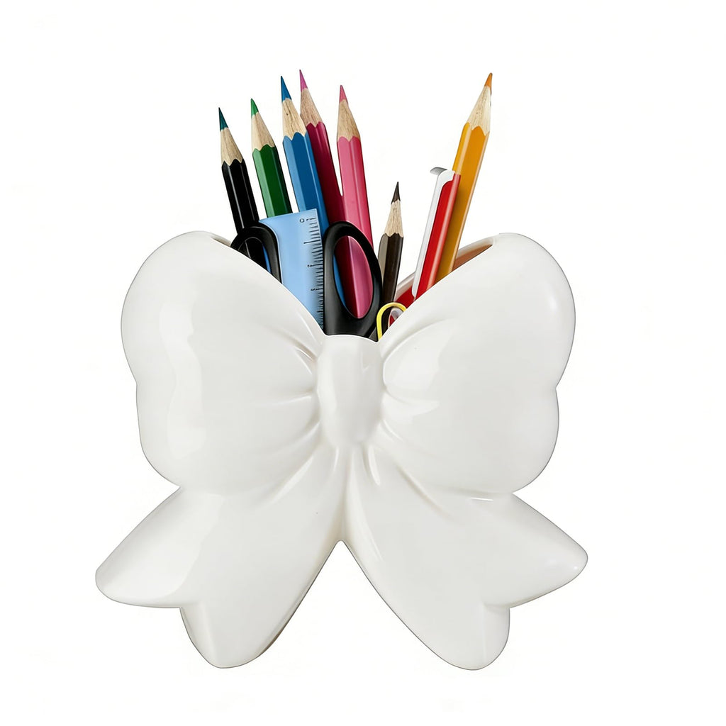 Bow Pen Holder for Desk, Coquette Ceramic Pencil Organizer Makeup Brush Holders with Bow