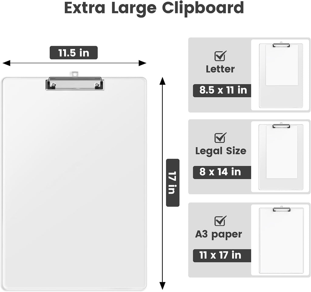 Extra Large 11x17 Clipboards, Plastic Clear Drawing Boards, Horizontal Clip Board