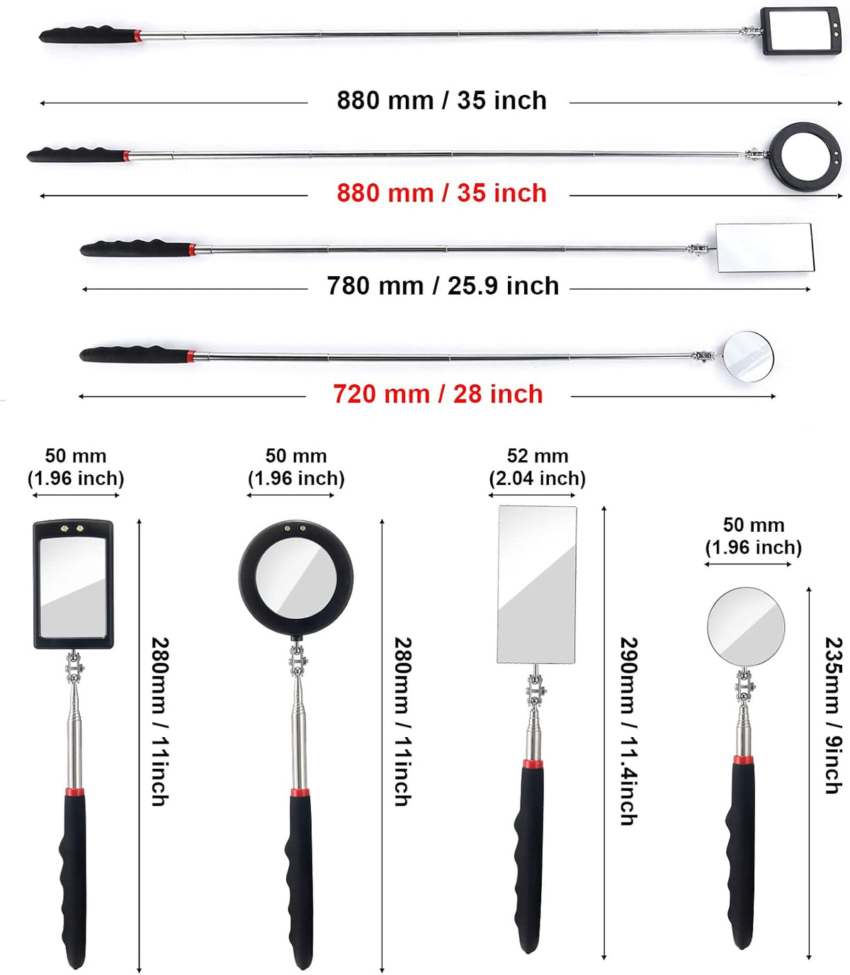 4PCS Telescoping Inspection Mirror LED Lighted Inspection Mirror