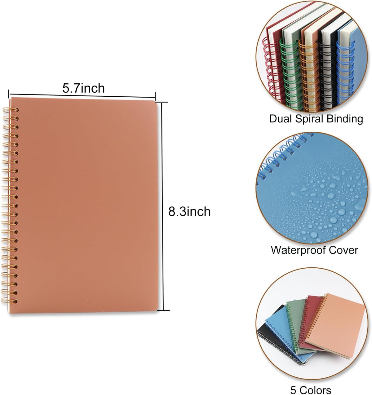 5 Pack Spiral Notebooks 8.3" x 5.7", 80 Sheets College Ruled Notebook with Plastic