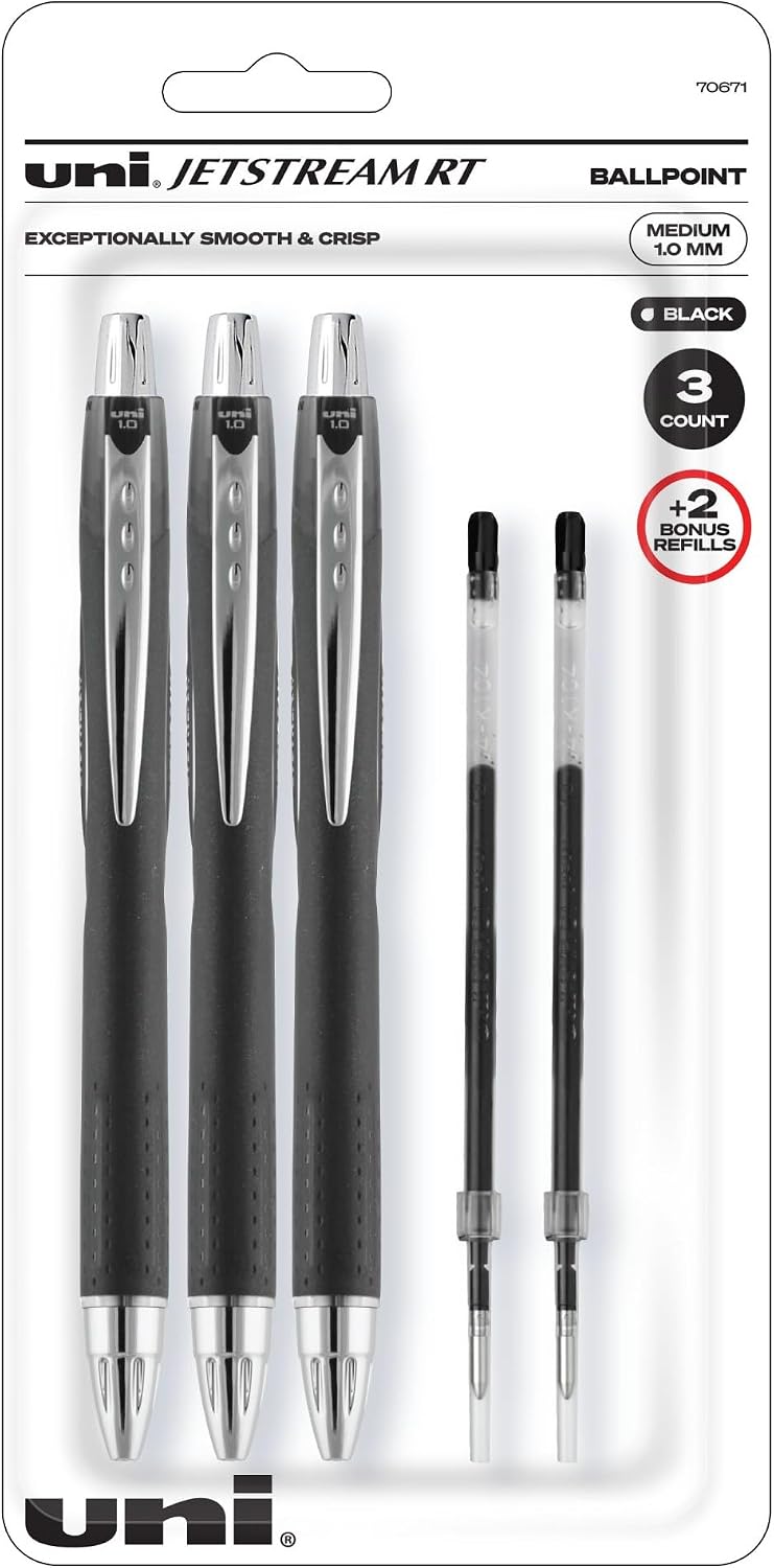 Uni-Ball Jetstream Rt Ball Point Pens Black - Writing Pens Bold Point (1.0mm) - 3 Ink
