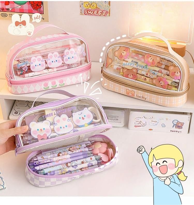 Bunny Pencil Pouch w/Handle Rabbit Kitten Bear Puppy Pen Case Cosmetic Bag Clear Case