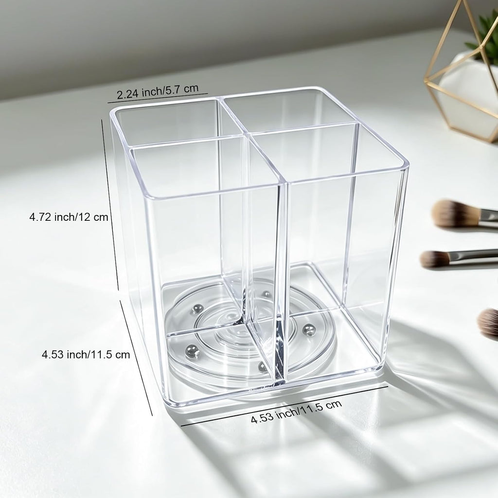 Clear Acrylic Pen Holder, 4 Compartments 360°Rotating Desk Organizer
