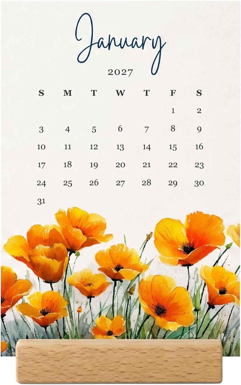 2027 Monthly Office Desk Calendar - Wildflowers - Watercolor Style - Wood Stand - Annual