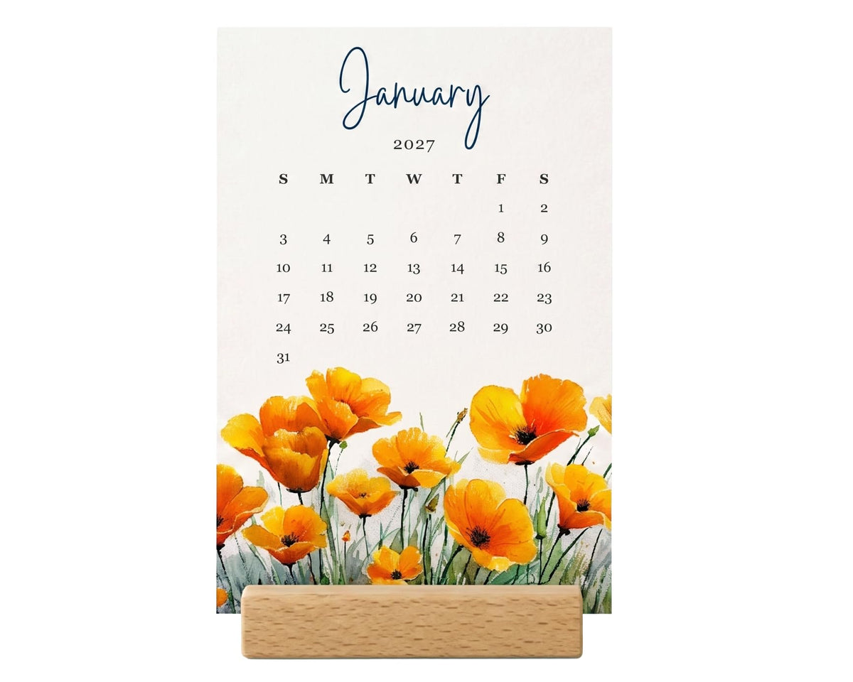2027 Monthly Office Desk Calendar - Wildflowers - Watercolor Style - Wood Stand - Annual