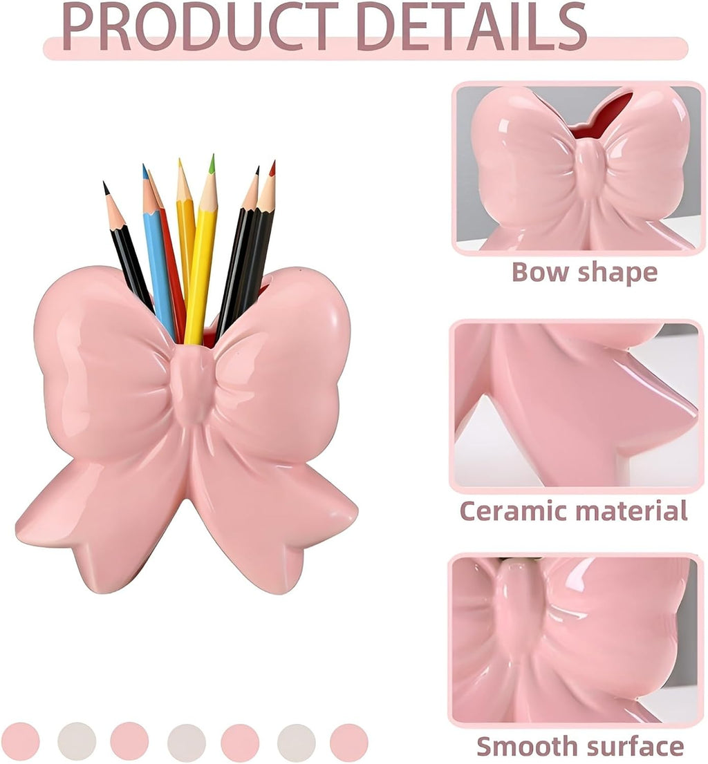 Bow Pen Holder for Desk, Coquette Ceramic Pencil Organizer Makeup Brush Holders with Bow