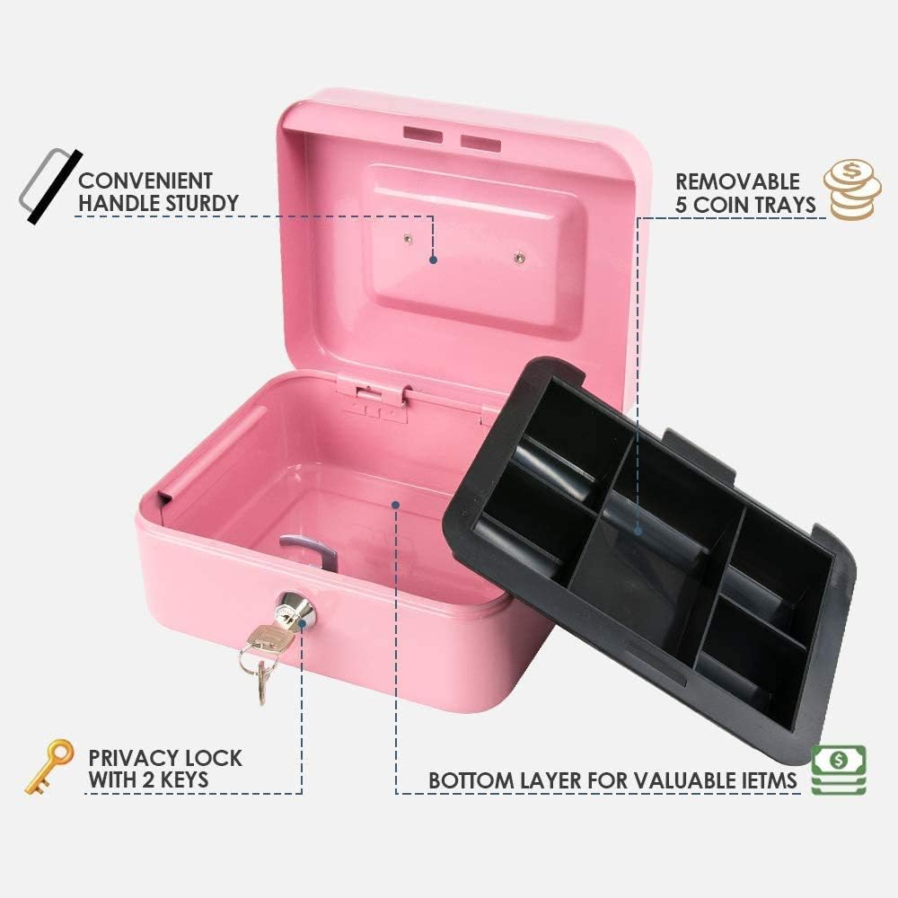 xydled Medium Cash Box with Lock, Metal Money Box, Steel Money Box, Pink