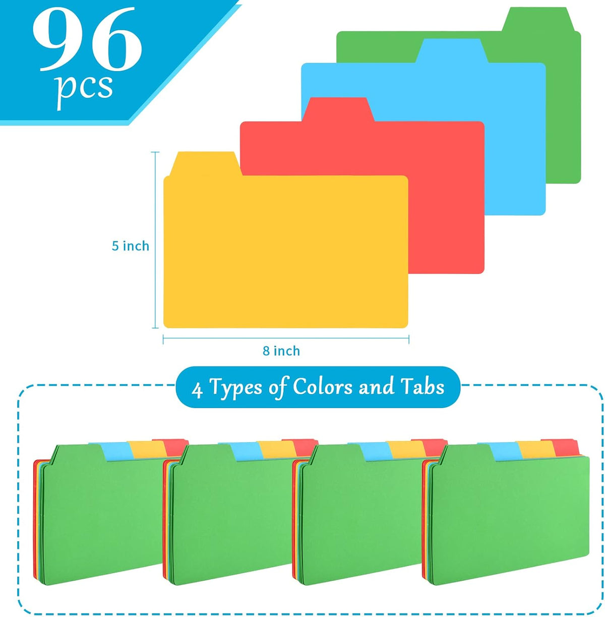 96 Pcs 5x8 Index Cards Dividers With Blank Tabs - Color Note Cards for Studying, Working