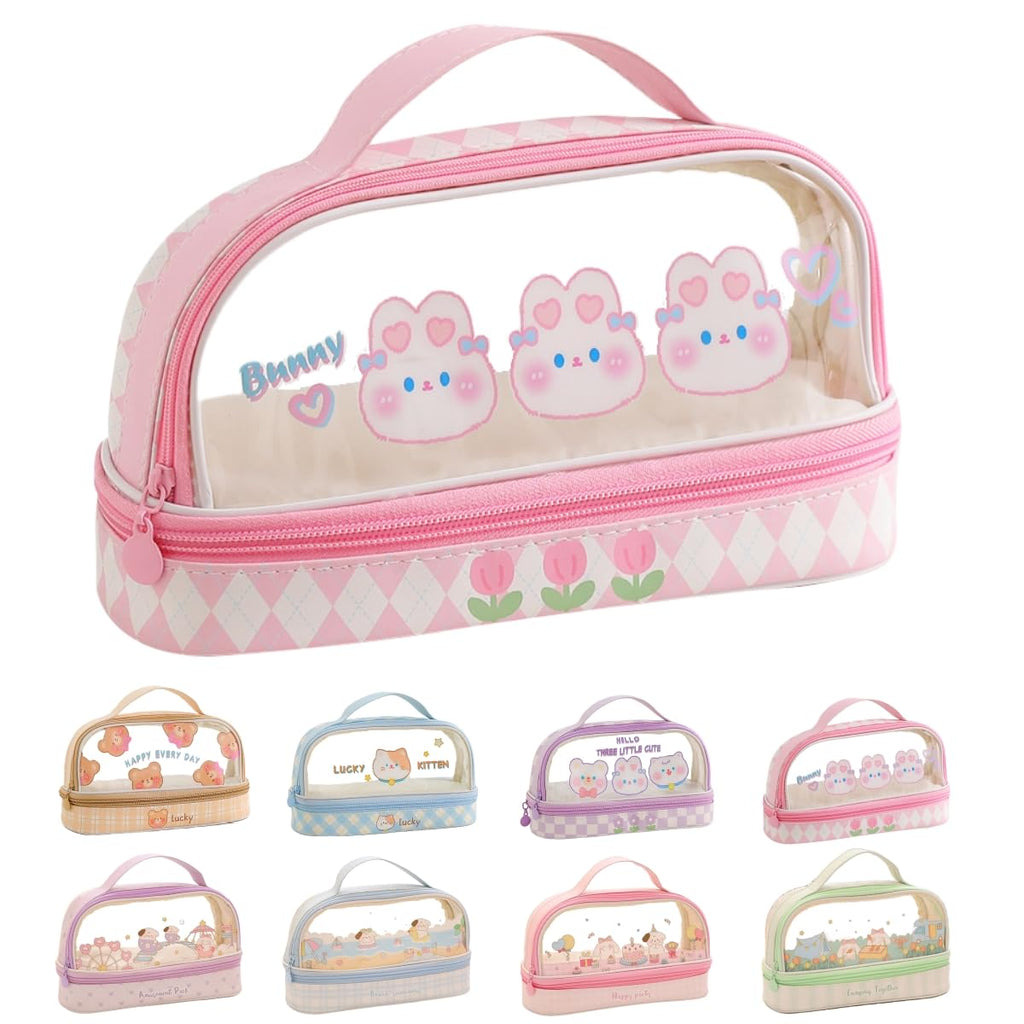 Bunny Pencil Pouch w/Handle Rabbit Kitten Bear Puppy Pen Case Cosmetic Bag Clear Case