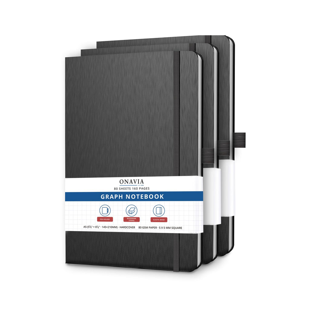 ONAVIA A5 Graph Notebook Hardcover, Work Journal, 160 Pages, Black