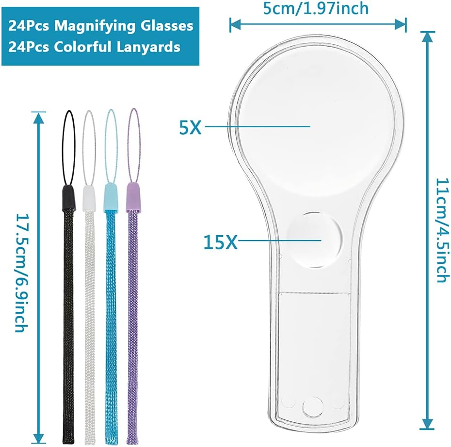 24 Pack Magnifying Glass Kids Plastic Magnifier Hand Lenses 5X and 15X