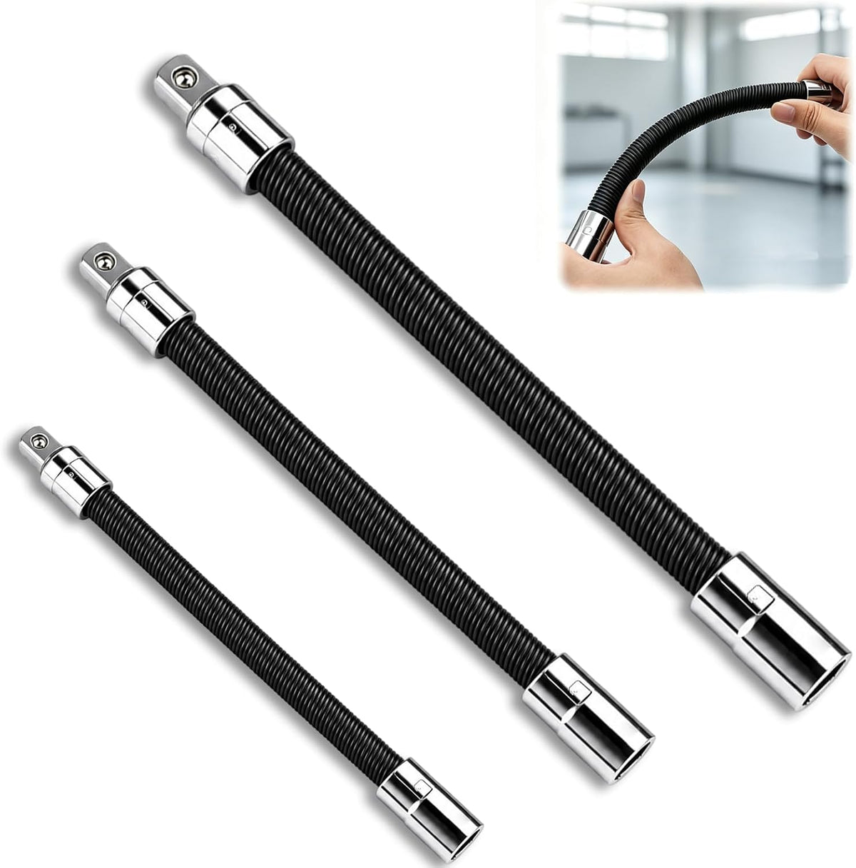 3Pcs Flexible Socket Extension Set - 1/4" 3/8" 1/2" Shaft Drive 10" 8" 6"