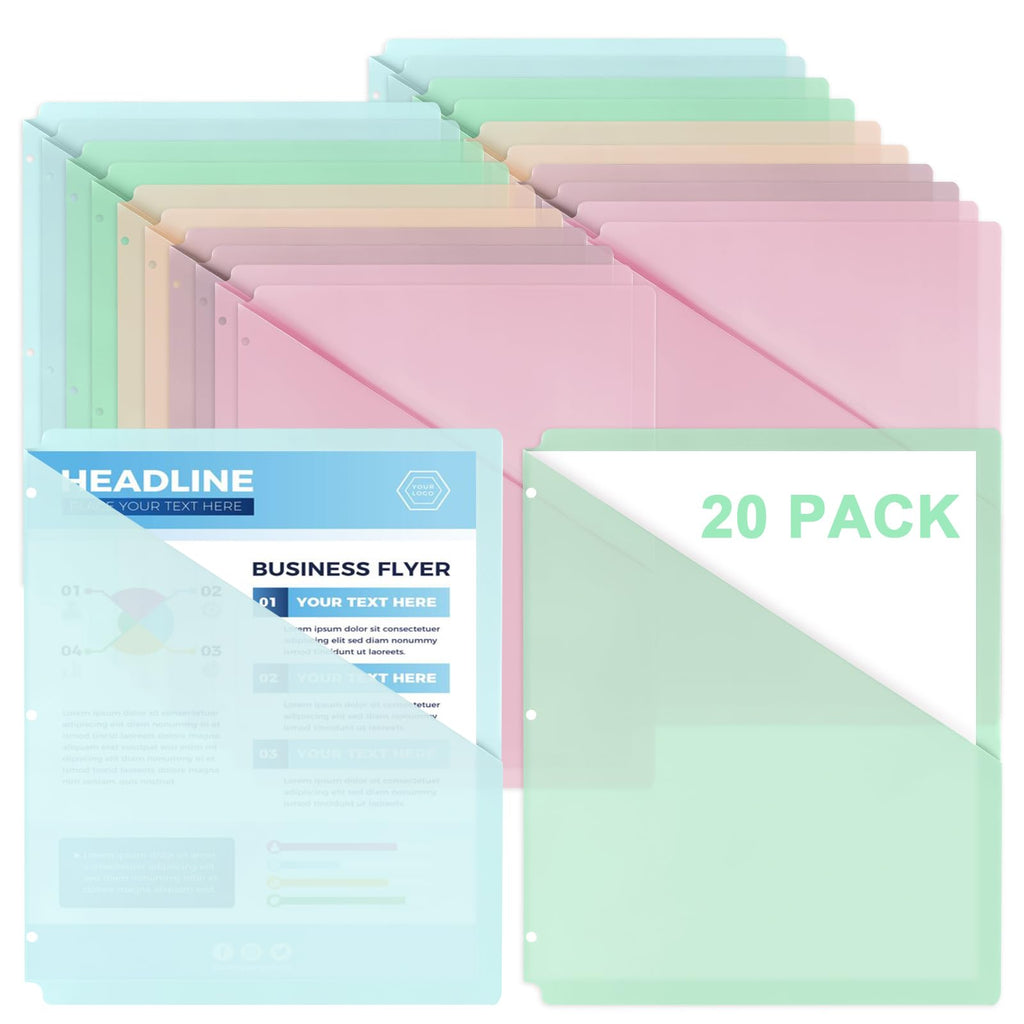 20 Pack Binder Dividers with Pockets Letter Size Clear Slash File Jacket 3 Hole Punch