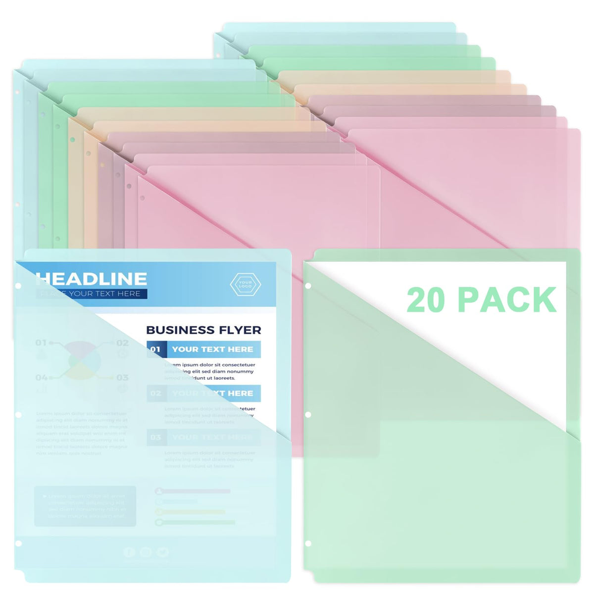 20 Pack Binder Dividers with Pockets Letter Size Clear Slash File Jacket 3 Hole Punch