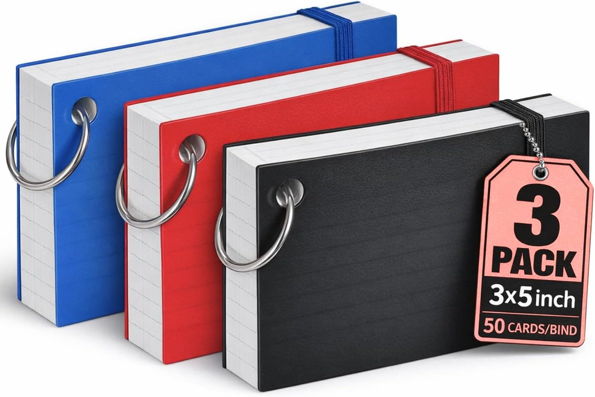 1InTheOffice Index Cards with Ring 3x5, Flash Cards with Binder Ring