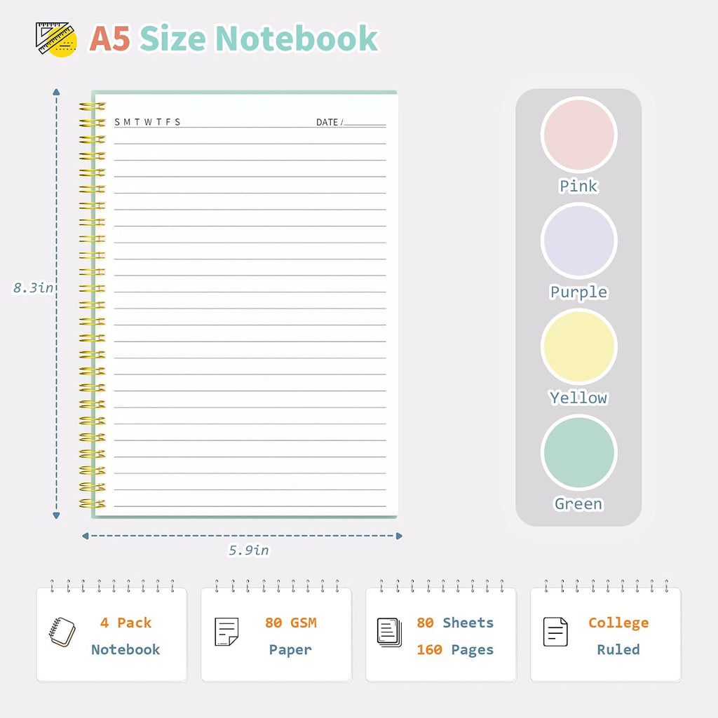 Umriox Small Spiral Notebook, 4 Pack 5.9" x 8.3" College Ruled Notebook