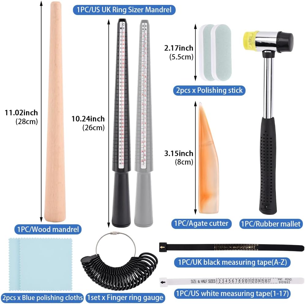 11 Pieces Us UK Ring Mandrel Set, Size 1-13 with Half Size Ring Sizer Measuring Tool
