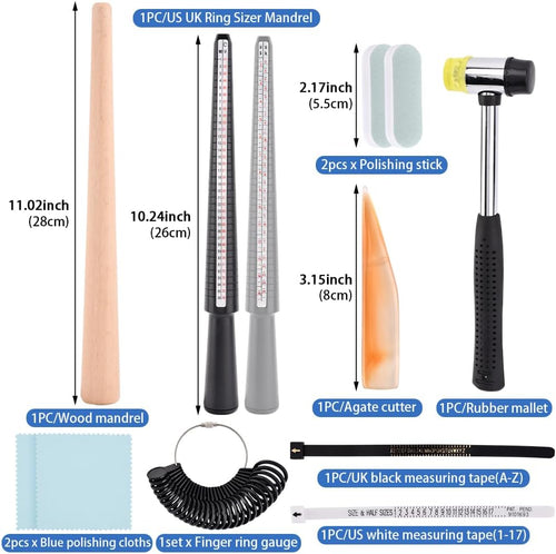 11 Pieces Us UK Ring Mandrel Set, Size 1-13 with Half Size Ring Sizer Measuring Tool