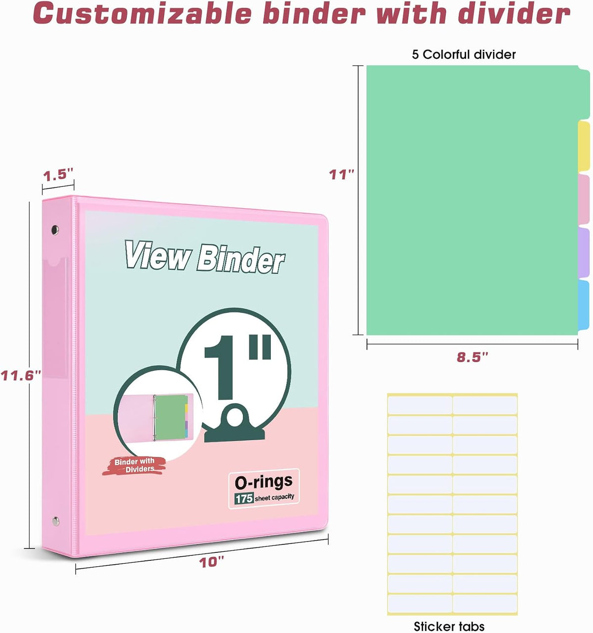 3 Ring Binder 1 inch，Cute Binder Organizer with 5 Tab Dividers Fits 175 Sheets of 8.5x11