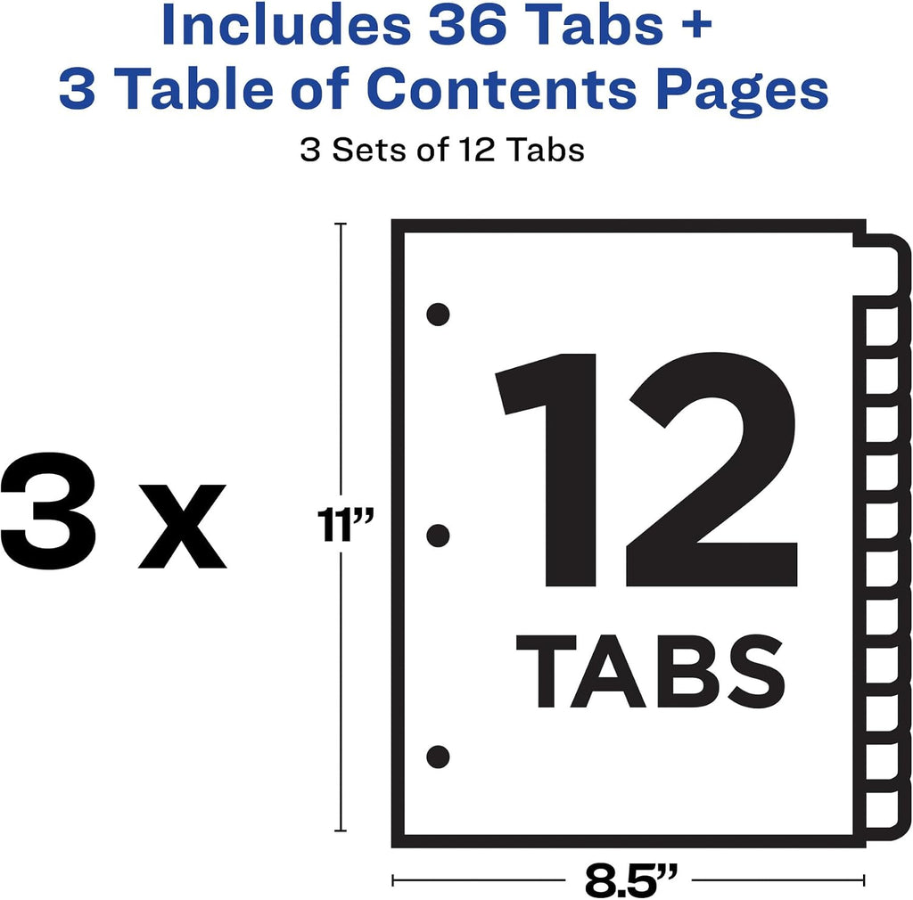 Avery Table of Contents Dividers, 12-Tab, Multicolor, 3 Sets