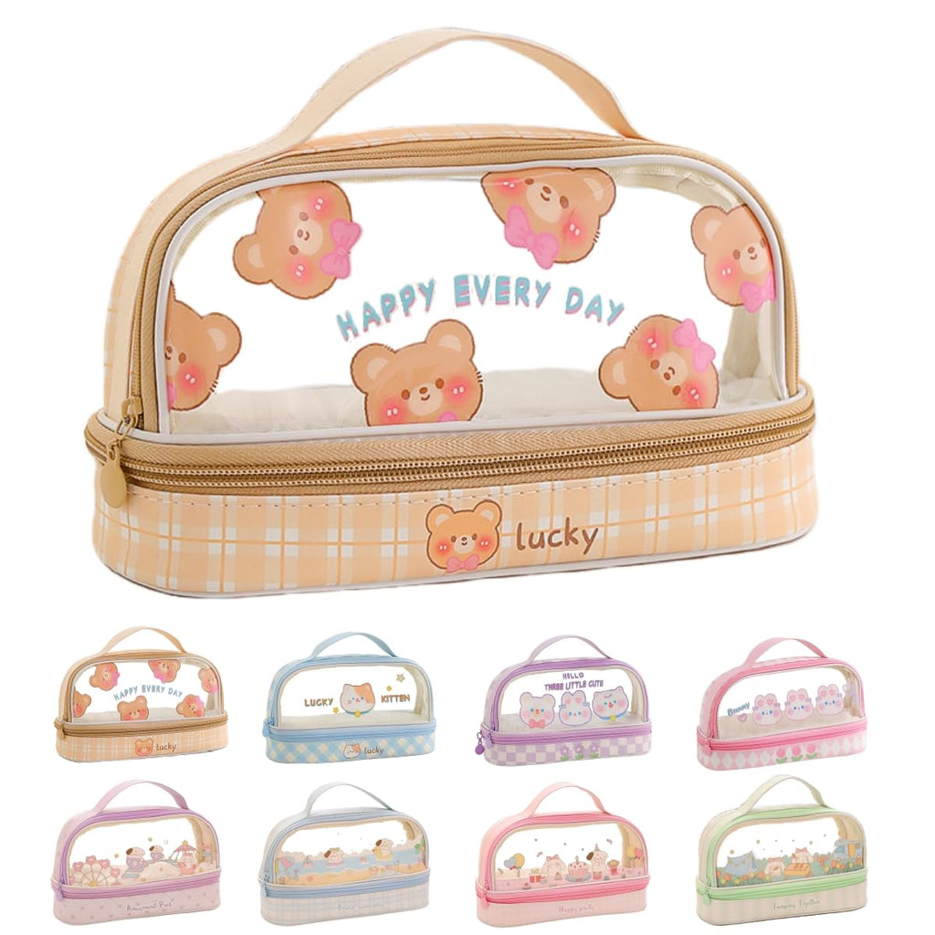 Bunny Pencil Pouch w/Handle Rabbit Kitten Bear Puppy Pen Case Cosmetic Bag Clear Case