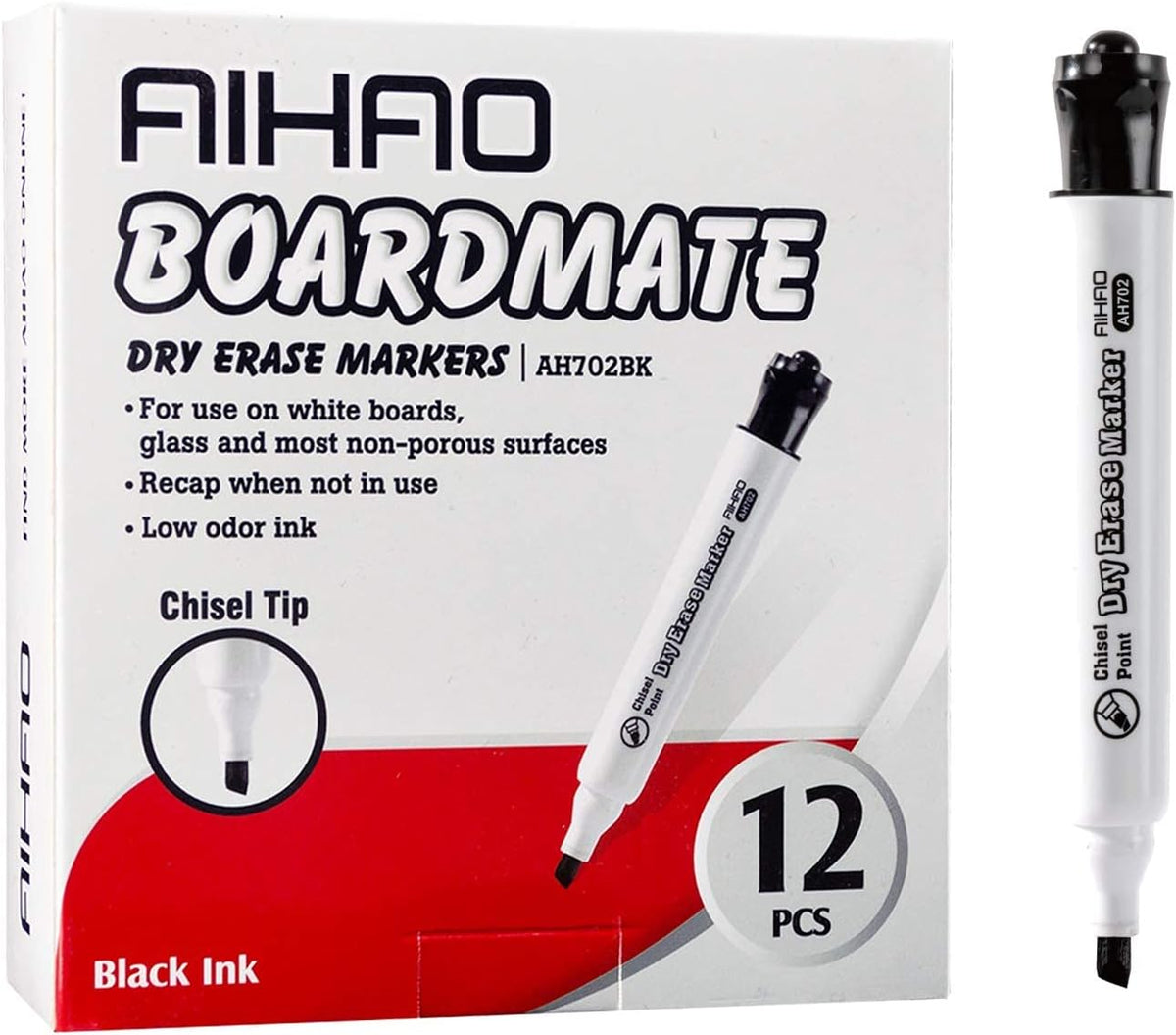 AIHAO Black Dry Erase Markers, Chisel Tip Marker, Low Odor, Pack of 12, Large Ink Supply