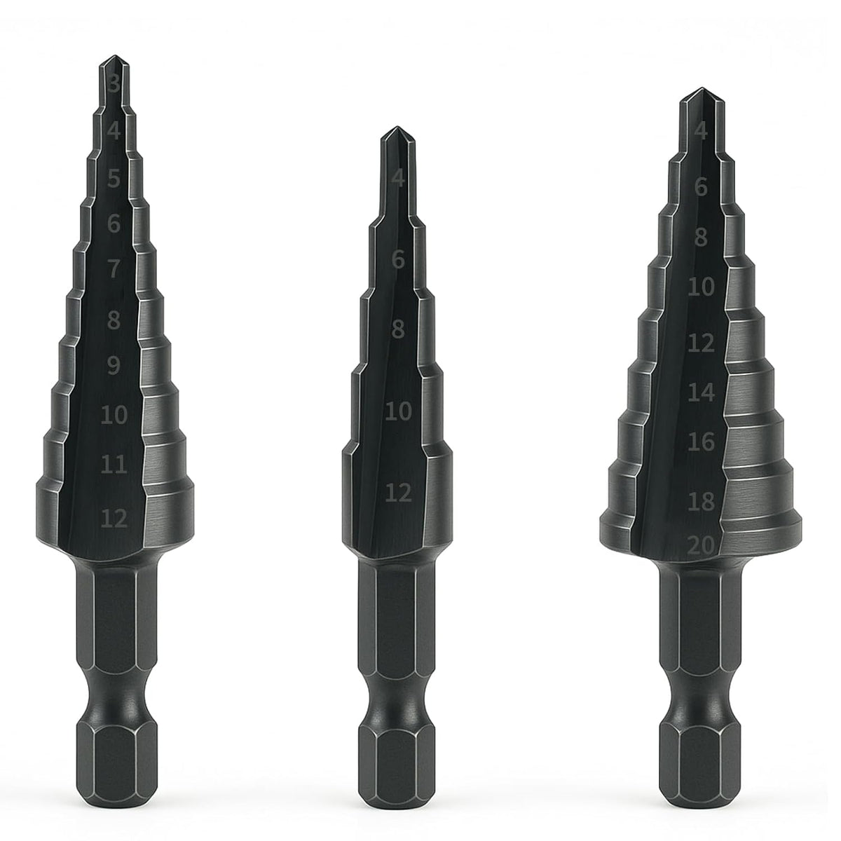 3-Piece HSS Cobalt Step Drill Bit Set, 1/8" to 7/8" Sizes, 4-Flute Design for Metal