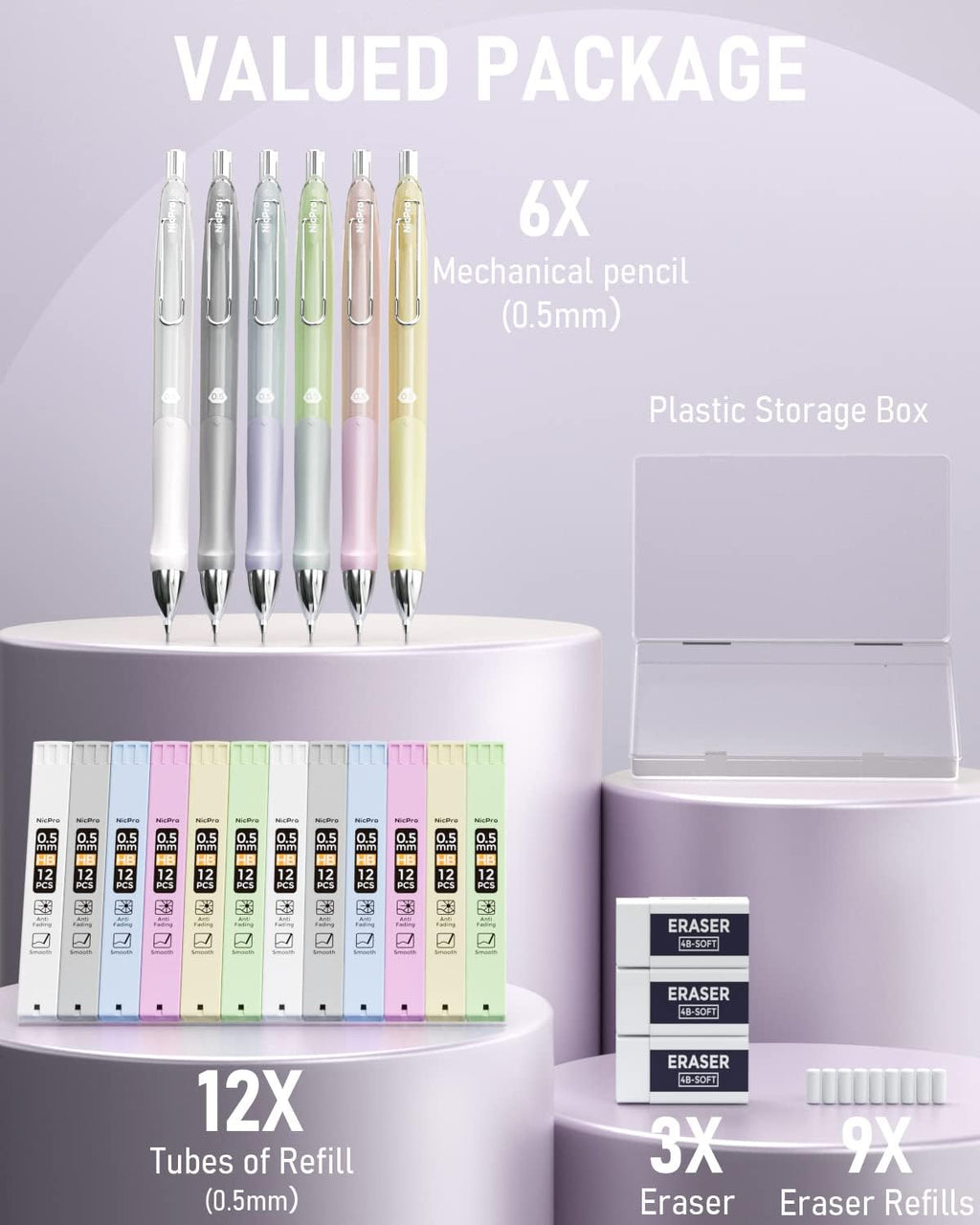 Nicpro 6PCS Pastel Mechanical Pencil Set 0.5 mm