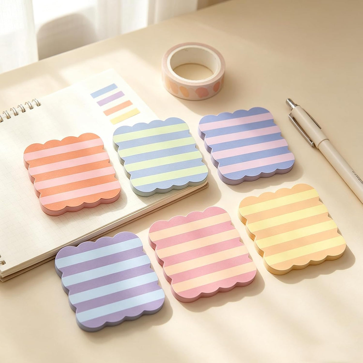 JarThenaAMCS 18 Pack Scalloped Sticky Notes, Colorful Pastel Stripe, 3 Inch