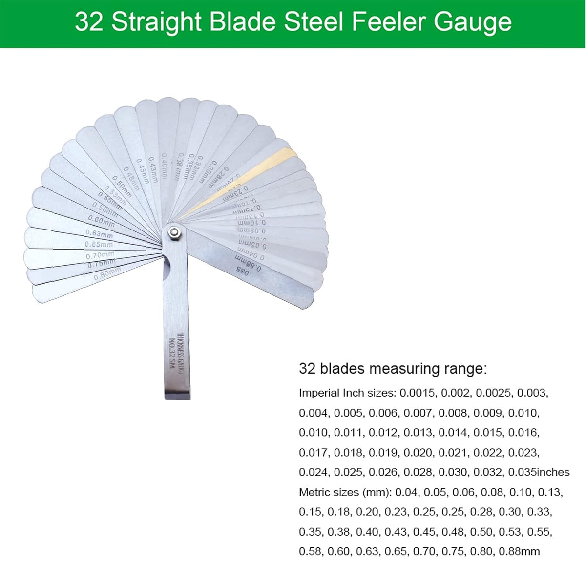 32 Blades Straight Feeler Gauges (0.0015-0.035") and 16 Pieces Offset Feeler Gauge