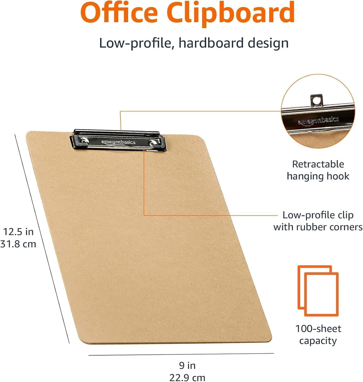 Amazon Basics Hardboard Office Clipboard, Low-Profile, Letter Size, 9" x 12.5", Brown