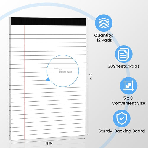 12 Pack Notepads 5x8, White, Small Legal Pads, Perforated Notebook