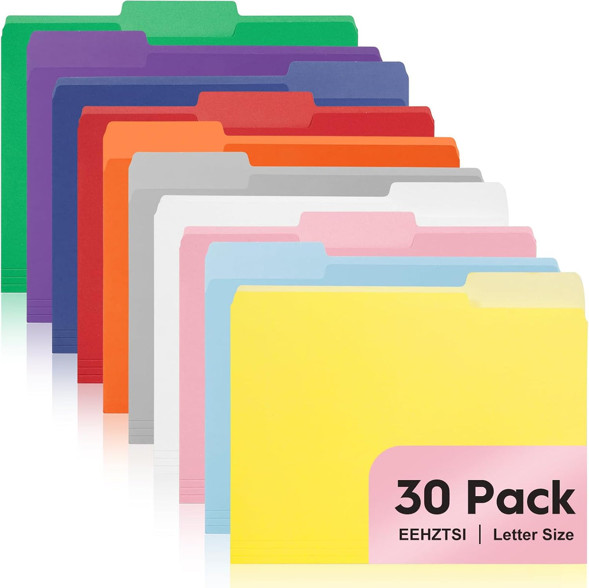 30-Pack Color File Folders, 1/3 Cut Tab, Assorted 10 Colors Letter Size Manilla Folder