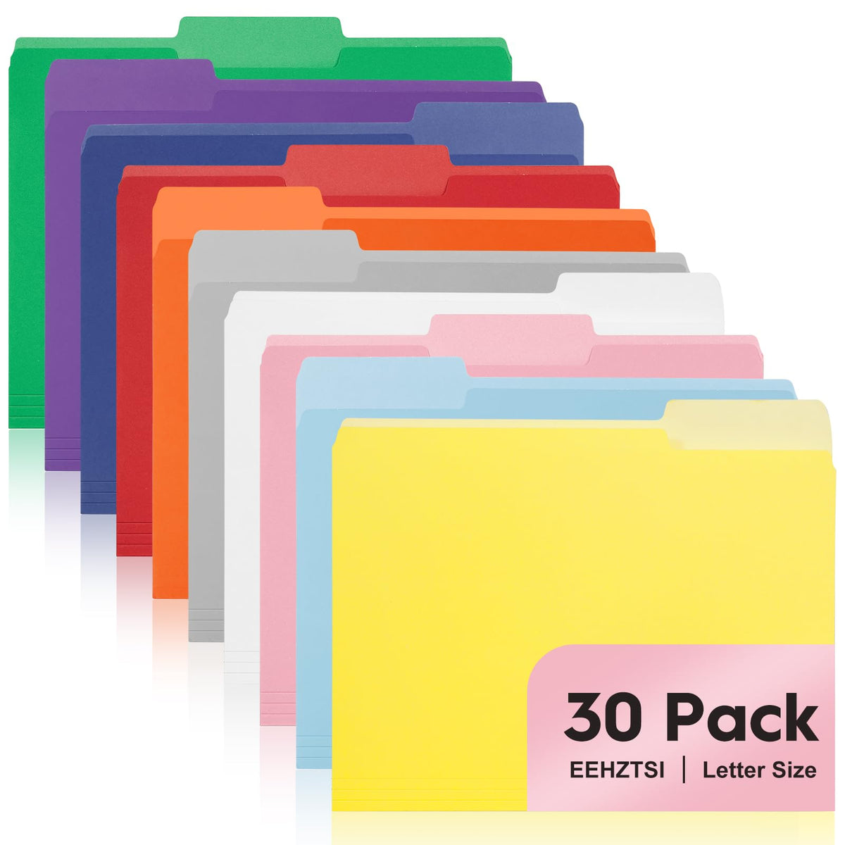 30-Pack Color File Folders, 1/3 Cut Tab, Assorted 10 Colors Letter Size Manilla Folder