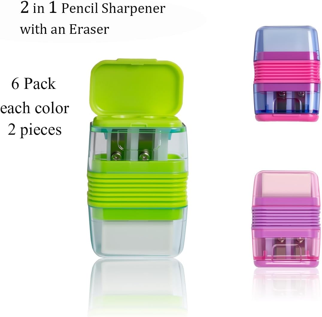 Set of 12 Dual-Hole Pencil Sharpeners with Erasers for School