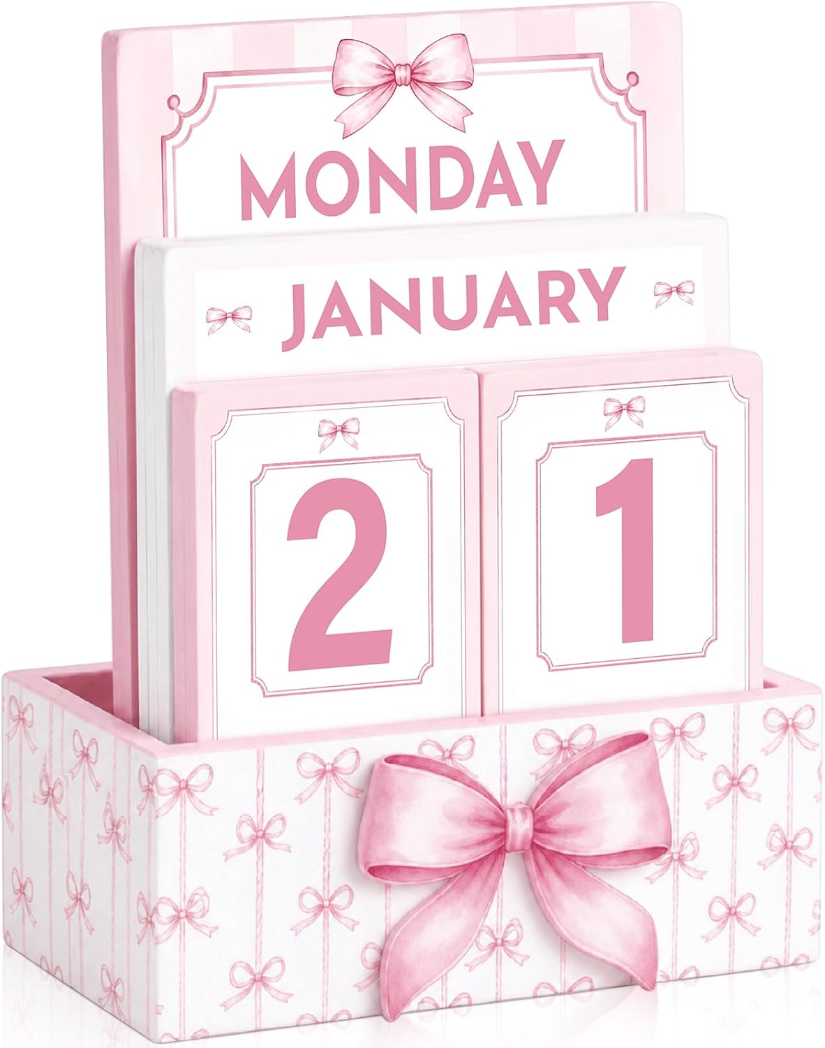 Novabright Bow Wood Block Perpetual Calendar,Desk Decor, Pink
