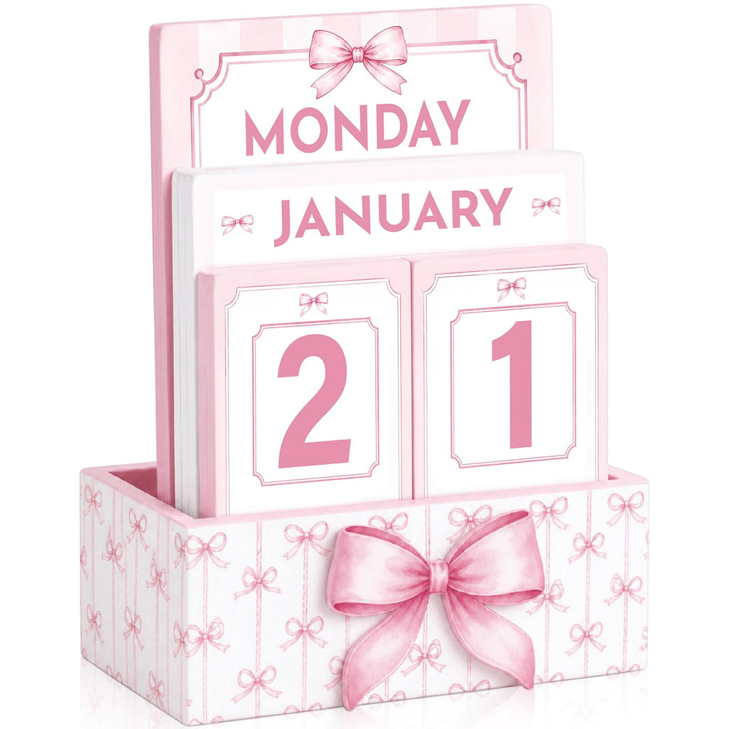 Novabright Bow Wood Block Perpetual Calendar,Desk Decor, Pink