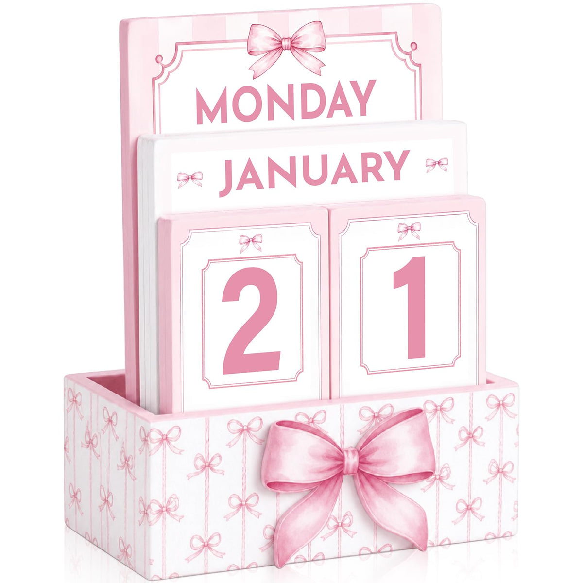Novabright Bow Wood Block Perpetual Calendar,Desk Decor, Pink