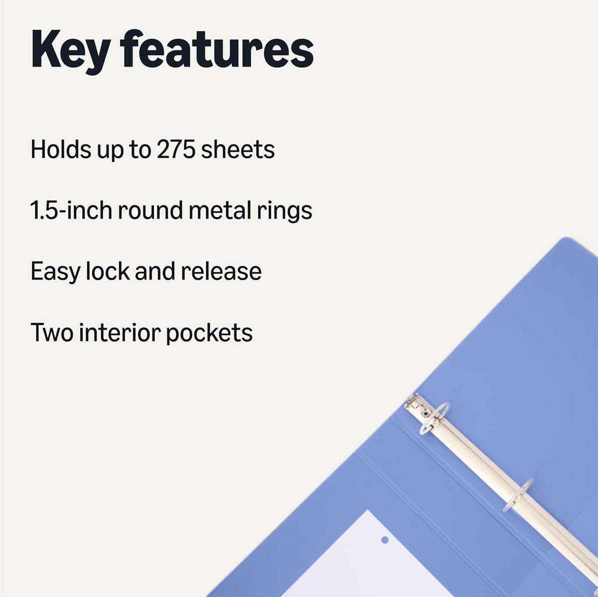 Amazon Basics 3 Ring 1.5 inch Binders with Round Metal Rings, Holds 275 Sheets