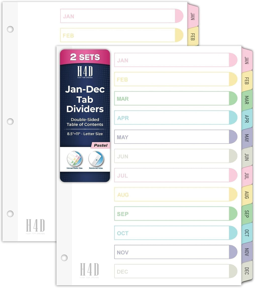 H4D Monthly Binder Dividers for 3-Ring Binder, Jan-Dec 12 Tab Pastel 2 Sets