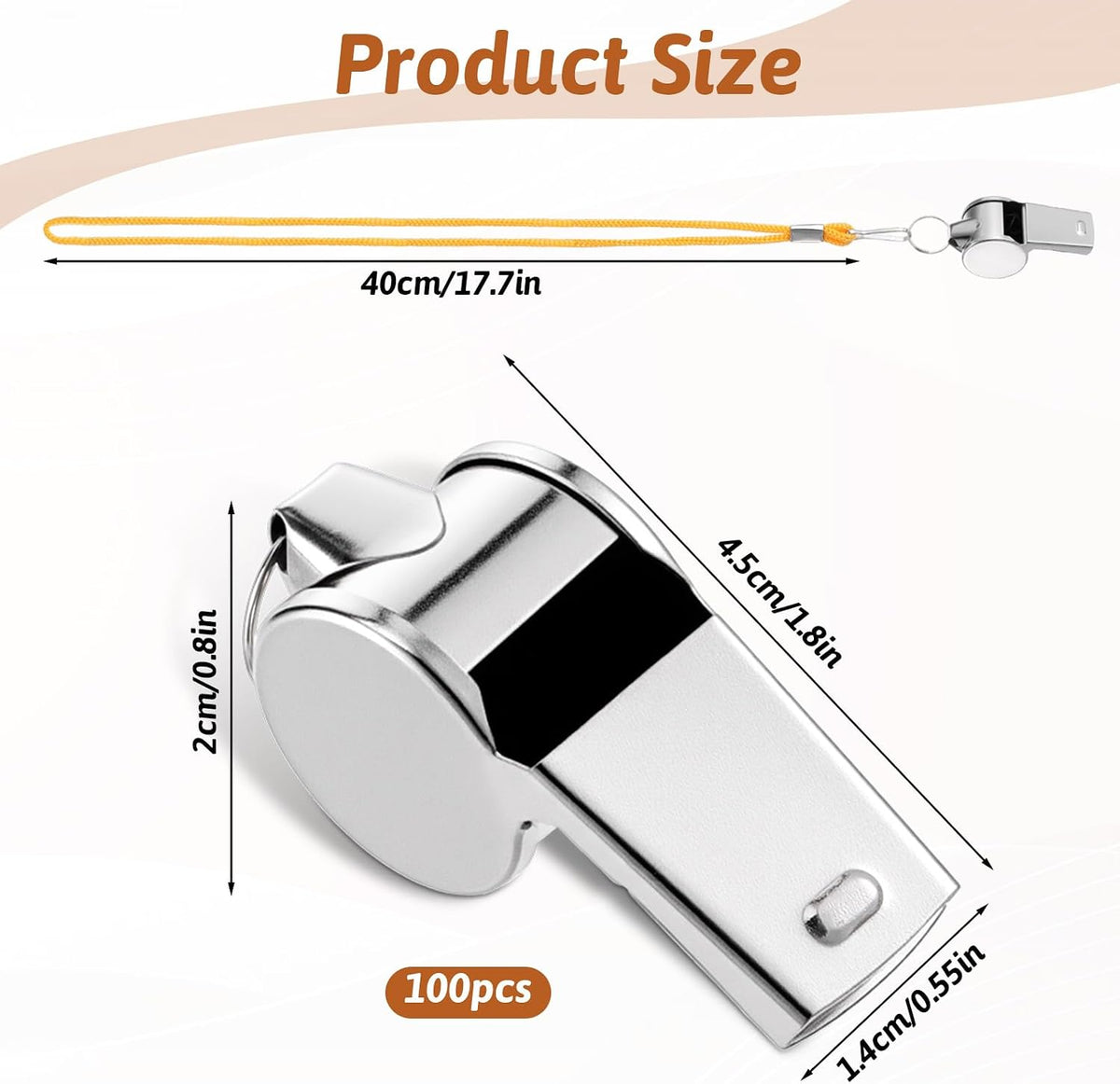 100 Pcs Stainless Steel Whistle with Lanyard, Whistles Bulk