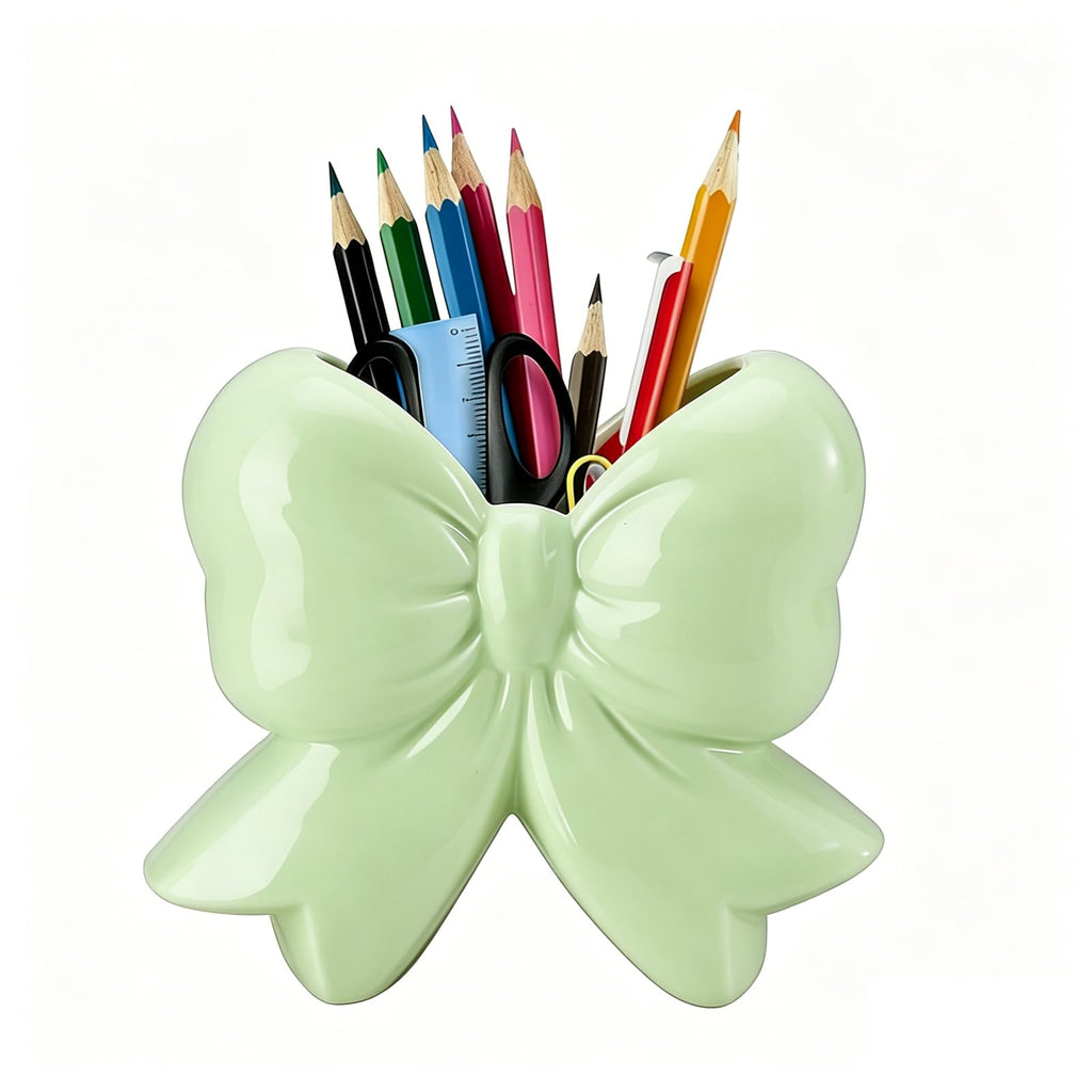 Bow Pen Holder for Desk, Coquette Ceramic Pencil Organizer Makeup Brush Holders with Bow
