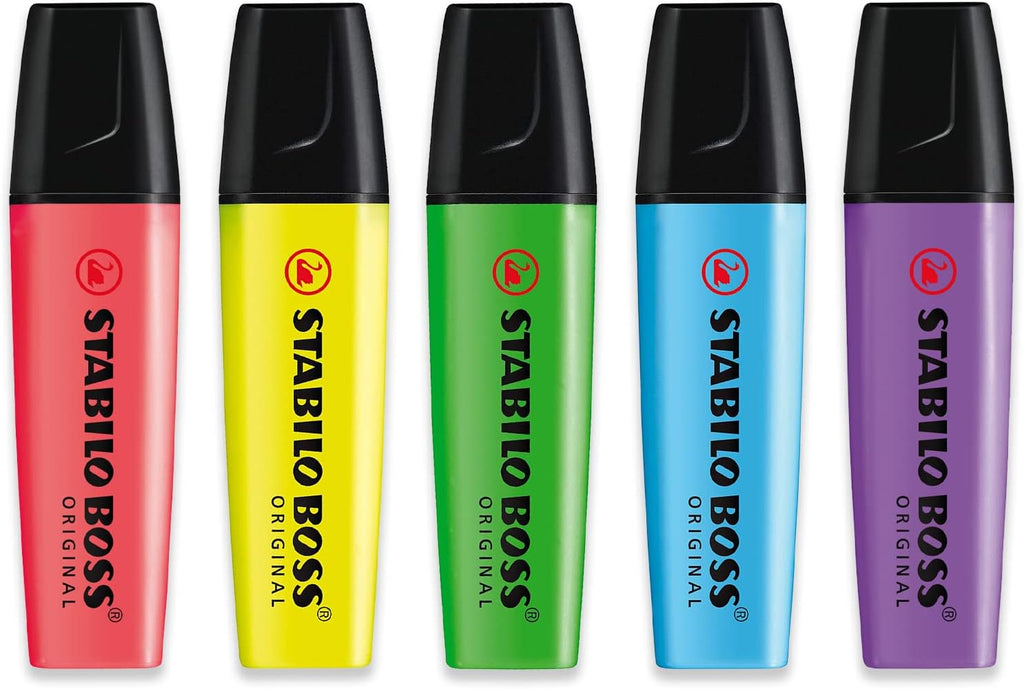 STABILO Highlighter BOSS ORIGINAL - Essential Pack of 5 - Red, Yellow, Light Blue