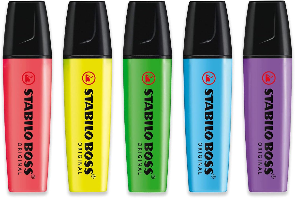 STABILO Highlighter BOSS ORIGINAL - Essential Pack of 5 - Red, Yellow, Light Blue