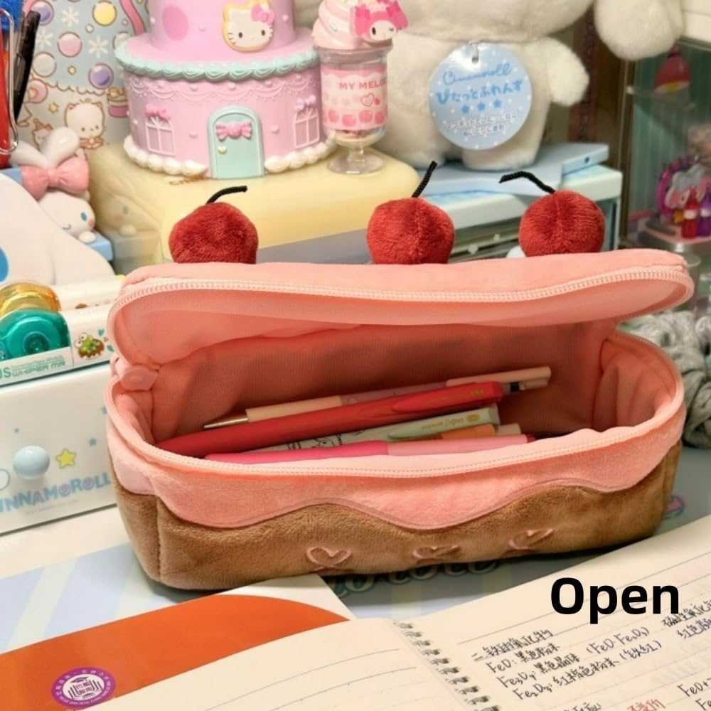 Cherry Cake Pencil Case Big Capacity Pen Holder Plush Pencil Pouch Box Cute Aesthetic Pen